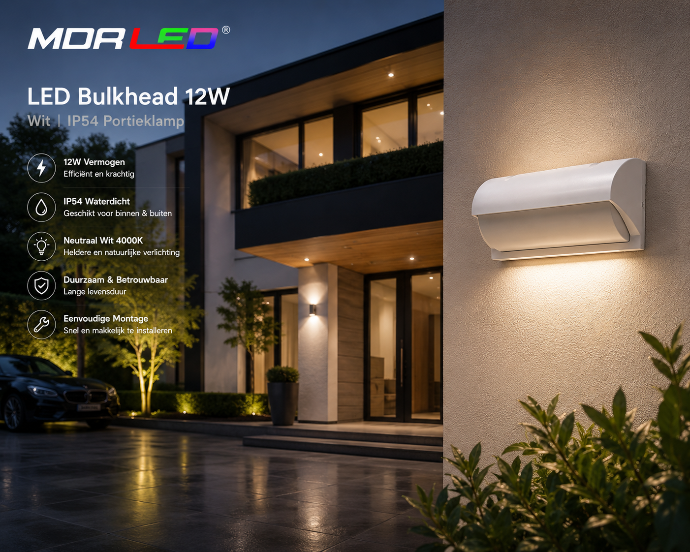 MDRLED® LED Bulkhead 12W Wit | IP54 Portieklamp