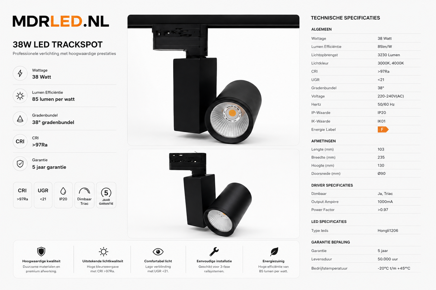 3-Fase Railspot 38W Zwart | CRI95+ | Triac Dimbaar | 3800lmMDRLED®