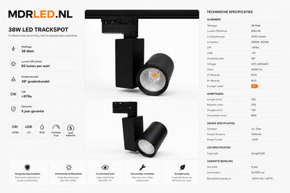 3-Fase Railspot 38W Zwart | CRI95+ | Triac Dimbaar | 3800lmMDRLED®