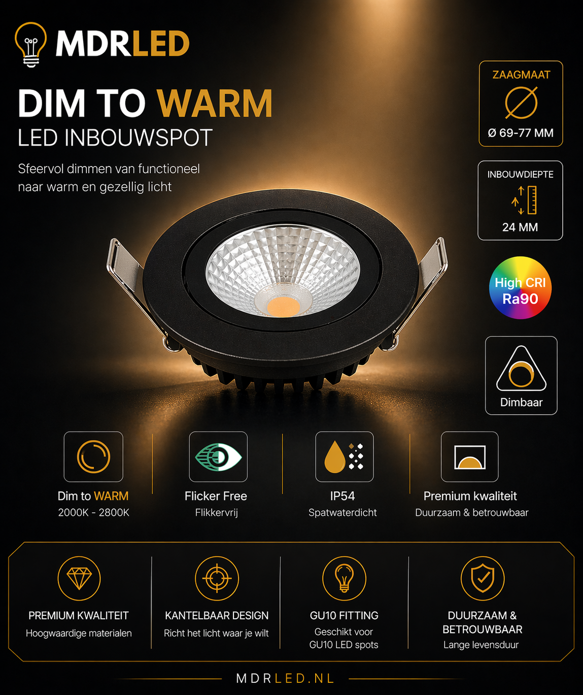 LED INBOUWSPOT SLIM-FIT  Ø68-78mm 5W  DIM2WARM  ZWART