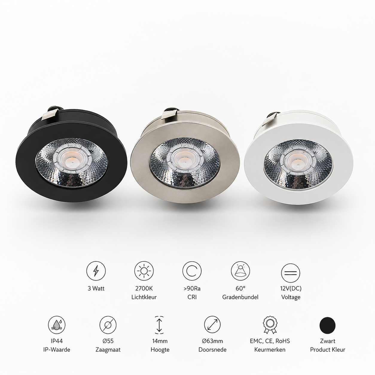 LED MEUBELSPOT 3W  12V(DC)  IP44 WIT  14mm hoog  2700K MDRLED®
