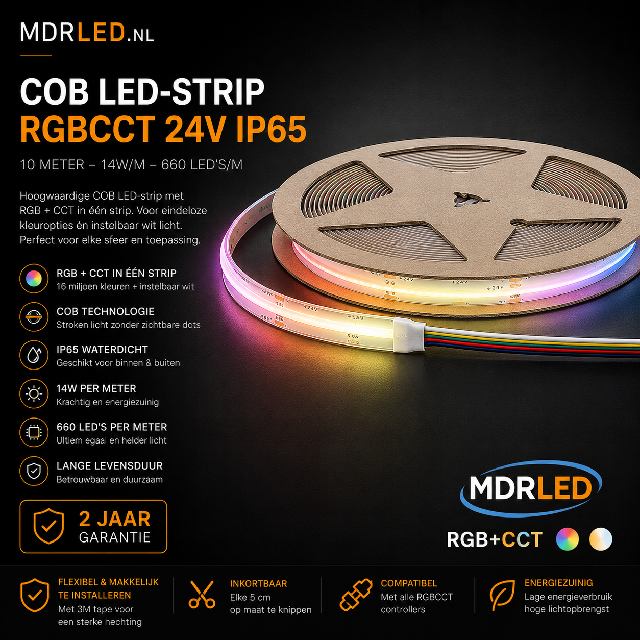 COB LED Strip RGBCCT 24V IP65 10 Meter – 14W/m 660 LED/m RGB+CCT
