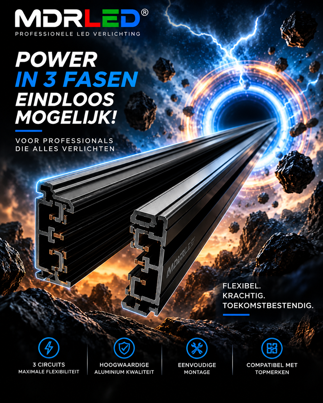 3-Fase Spanningsrail Zwart en Wit 1–10m | Inclusief Power Connector
