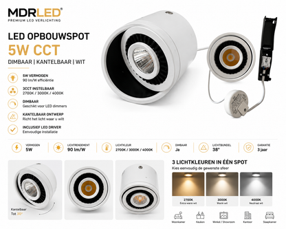 MDRLED® LED Opbouwspot 5W CCT | Dimbaar | Kantelbaar | Wit