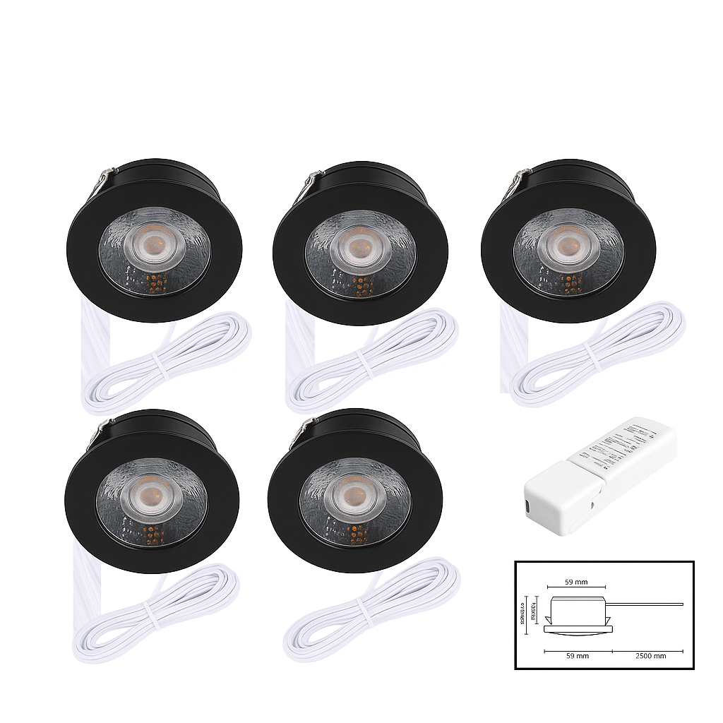 LED Meubelspot 3W – Set van 5 – 12V – IP44 – Ø55 mm – Zwart/Wit/Zilver – MDRLED®