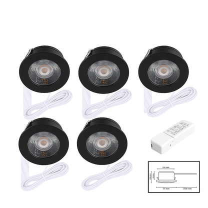 LED Meubelspot 3W – Set van 5 – 12V – IP44 – Ø55 mm – Zwart/Wit/Zilver – MDRLED®