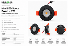 Mini LED Spots Zwart – Type Mini Black,2700K,3 Watt, incl driver  DIMBAAR MDR LED®