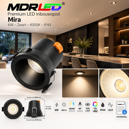 LED Inbouwspot Mira 6W – Zwart – 4000K – Dimbaar – IP44