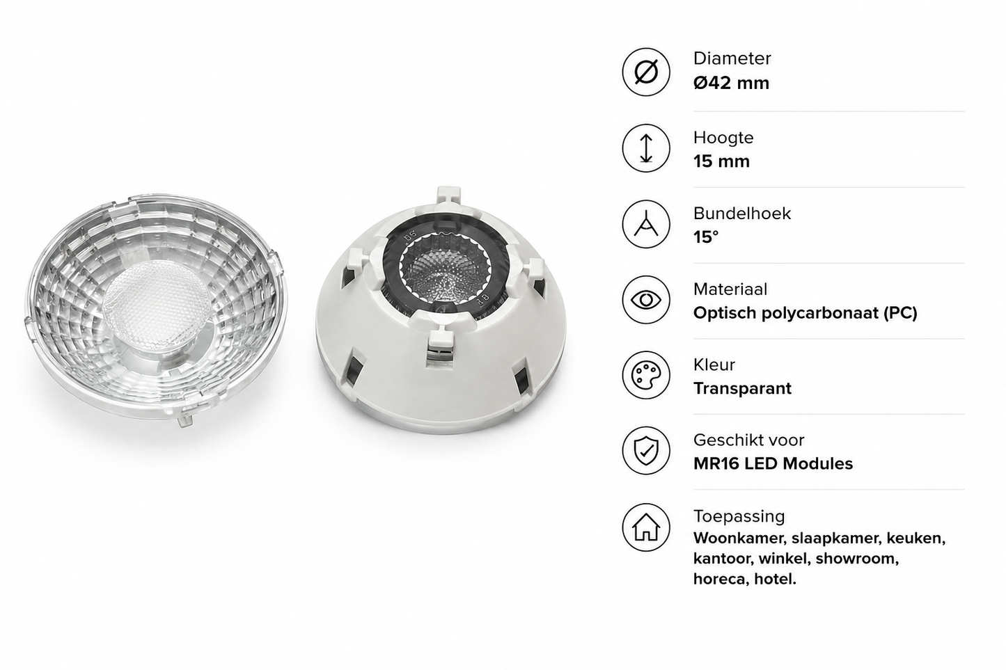 MR16 Lens 15° | Voor MR16 LED Module | Ø42 mm | Transparant | MDRLED®