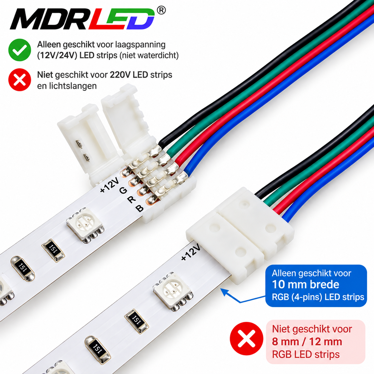 MDRLED® LED Strip RGB Klikconnector | 4-PIN | 10mm | 50cm | 50 Stuks
