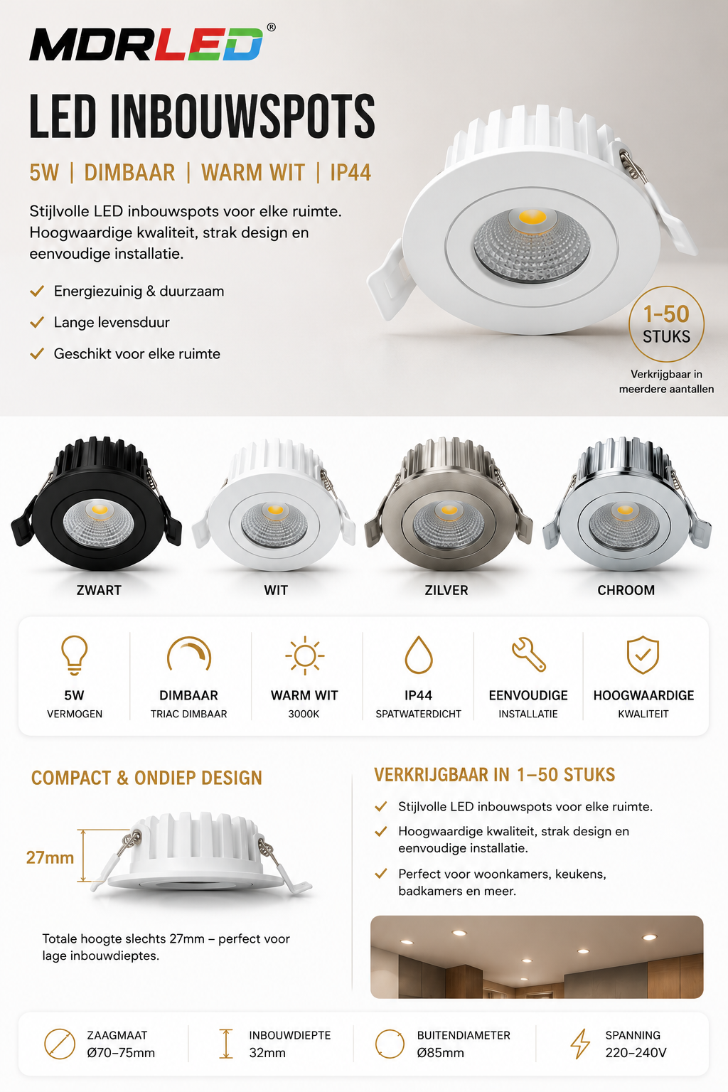 LED Inbouwspot 5W Zwart/Wit/Zilver/Chroom | Dimbaar | IP44 | MDRLED®