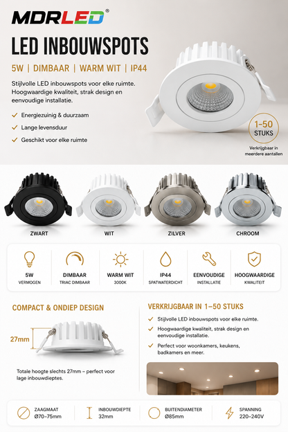 LED Inbouwspot 5W Zwart/Wit/Zilver/Chroom | Dimbaar | IP44 | MDRLED®
