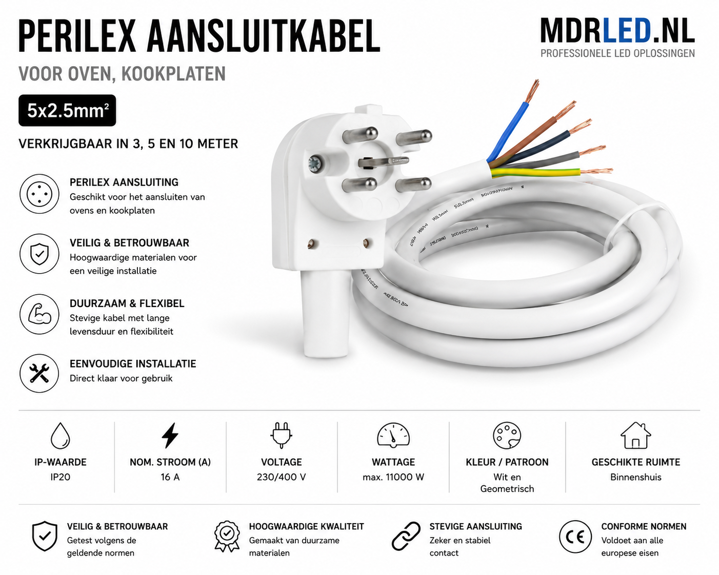 Perilex Aansluitkabel voor, oven,  kookplaten  5x2.5mm. 3-5-10 meter  MDR LED®