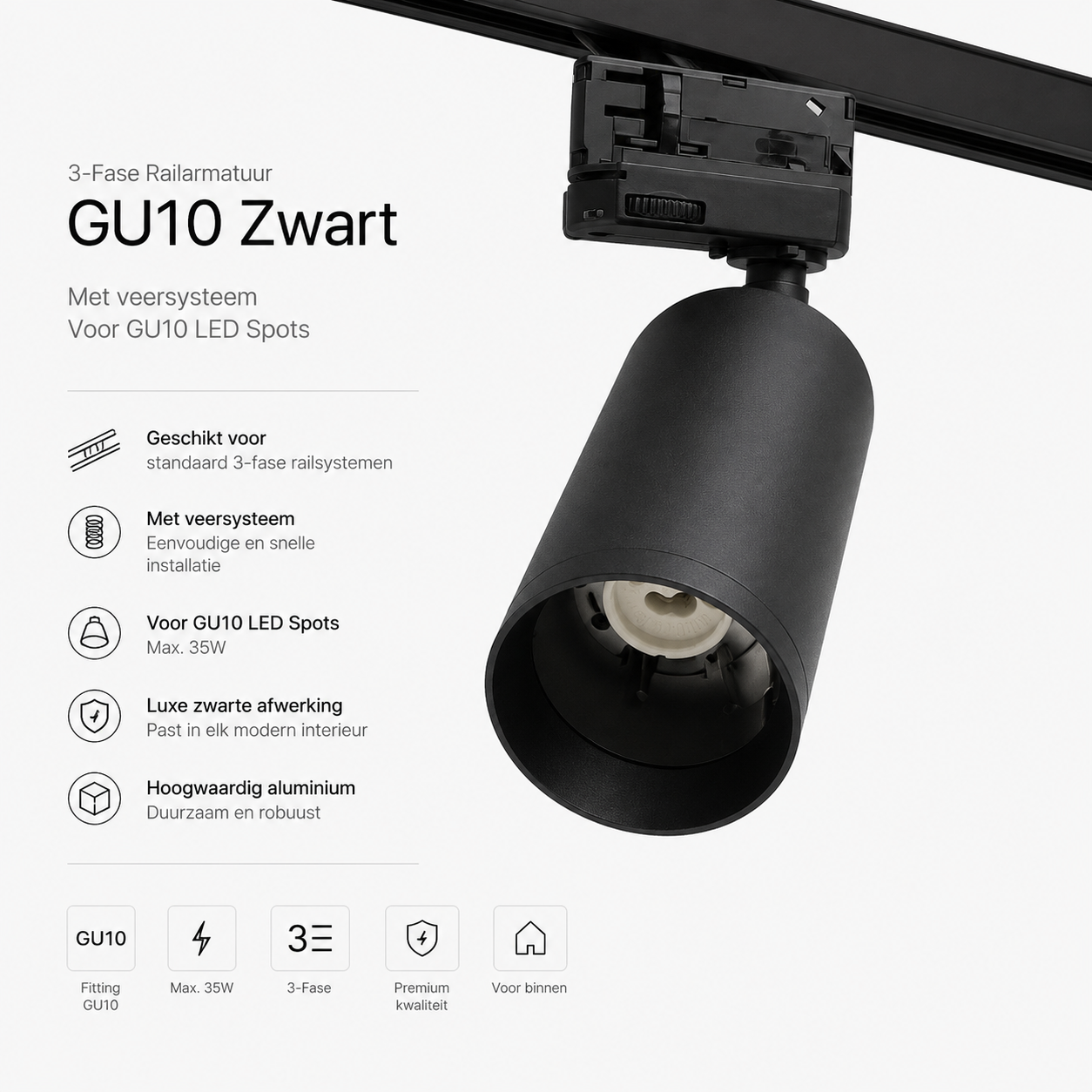 3-Fase Railarmatuur GU10 Zwart | Met Veersysteem |