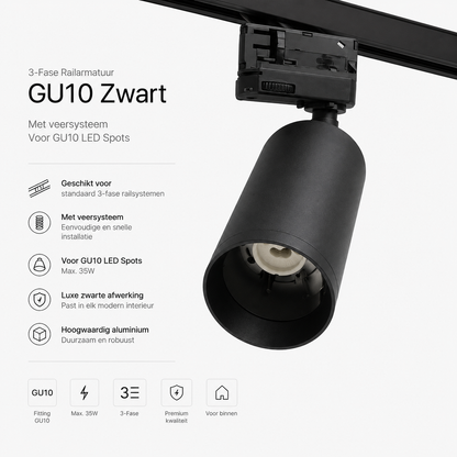 3-Fase Railarmatuur GU10 Zwart | Met Veersysteem |