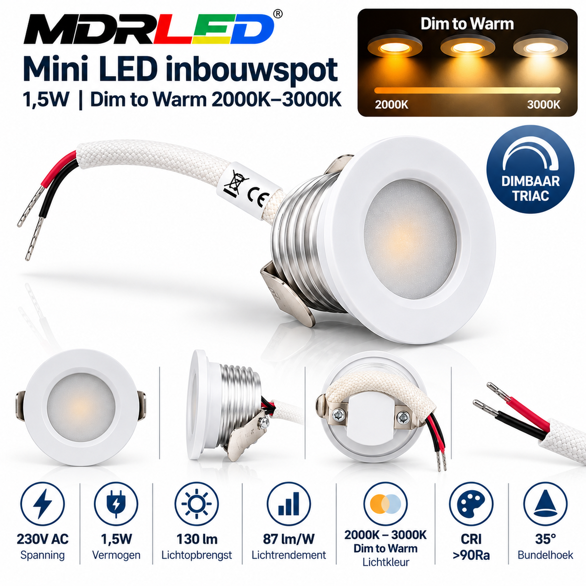 MDRLED® Mini LED Inbouwspot 1,5W | Dim to Warm 2000K–3000K | CRI >90 | IP44 | Wit