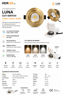 LED Inbouwspot LUNA 6W  Dimbaar  Messing  CCT-Switch  IP65