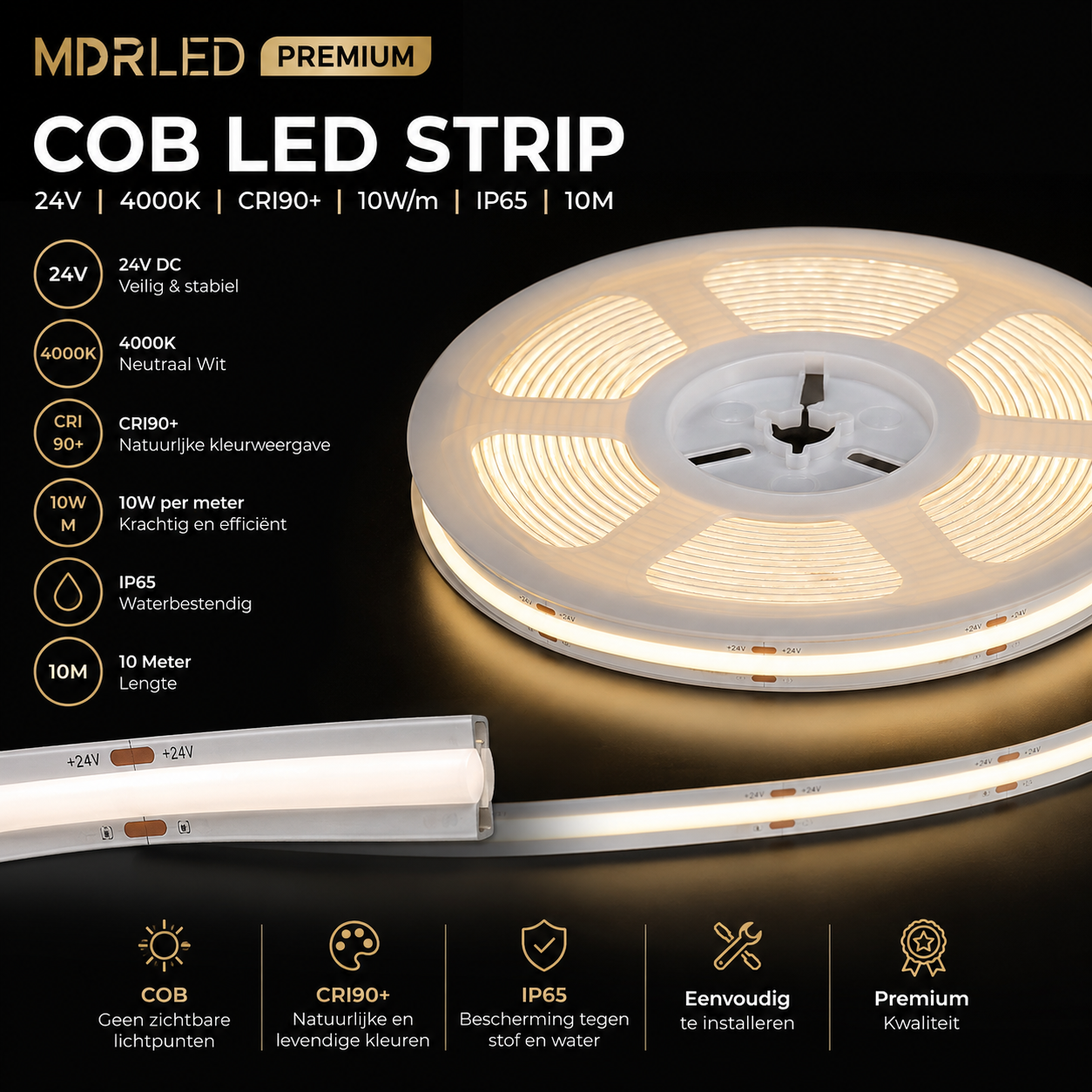 MDRLED® COB LED Strip 24V IP65 10 Meter 4000K Dimbaar | CRI >90 | 10W/m Vrij Knipbaar
