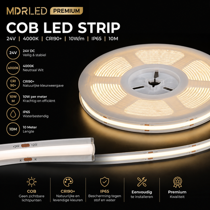 MDRLED® COB LED Strip 24V IP65 10 Meter 4000K Dimbaar | CRI >90 | 10W/m Vrij Knipbaar