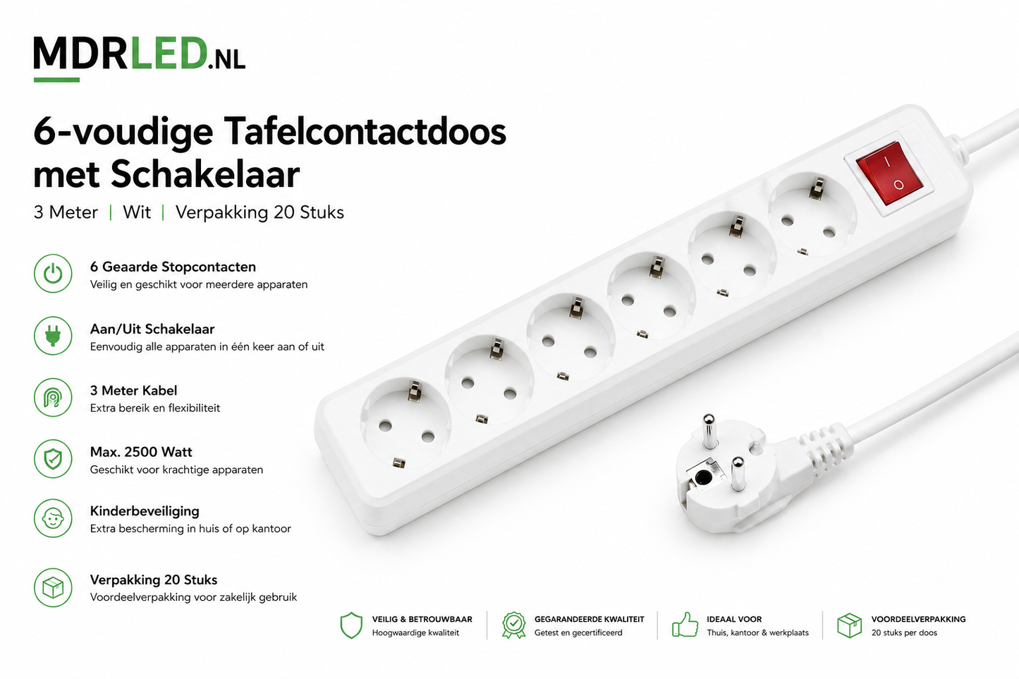 6-voudige Tafelcontactdoos met Schakelaar | 3 Meter | Zwart | Verpakking 20 Stuks Stunt prijs