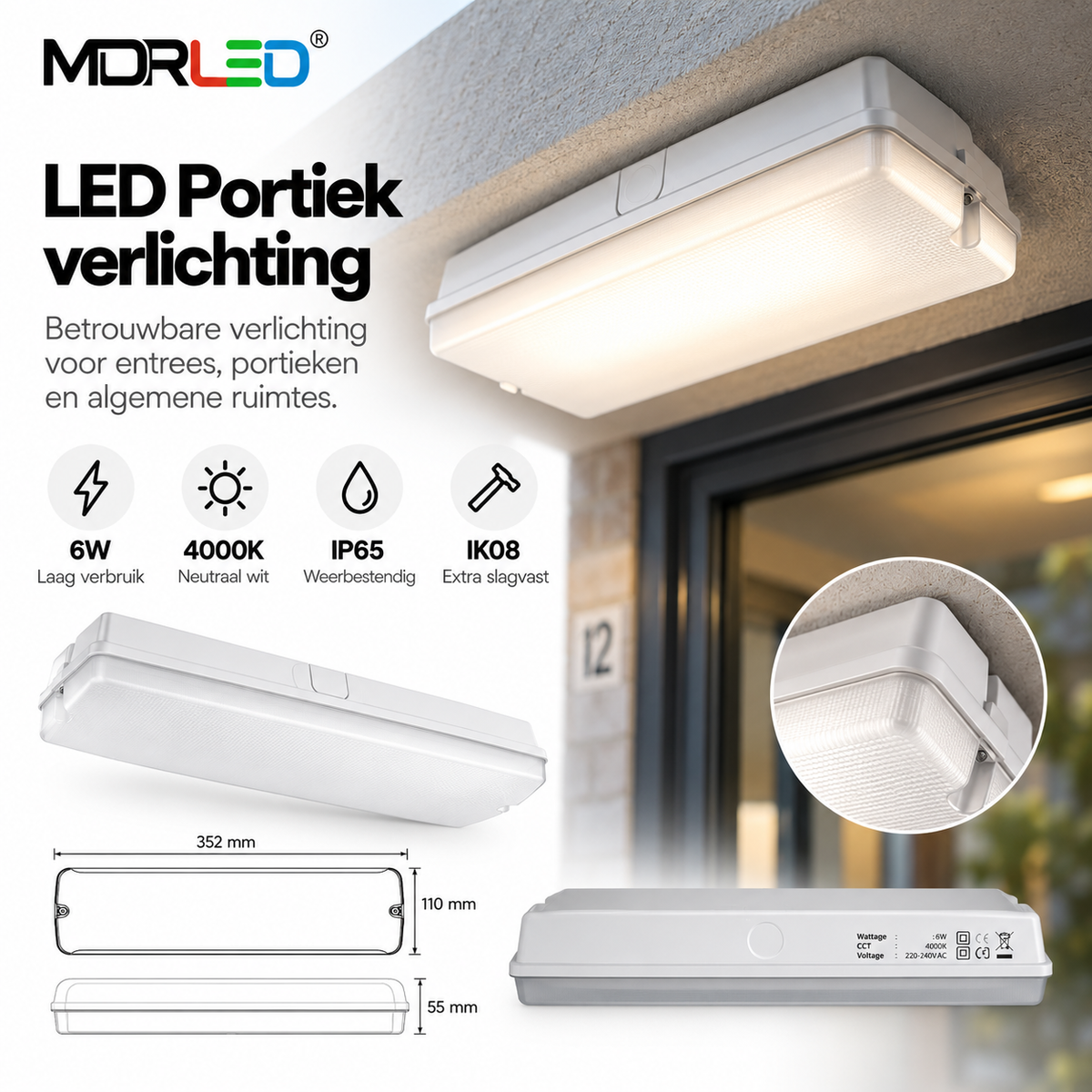 MDRLED® LED Portiek verlichting 6W | 4000K | IP65 | IK08