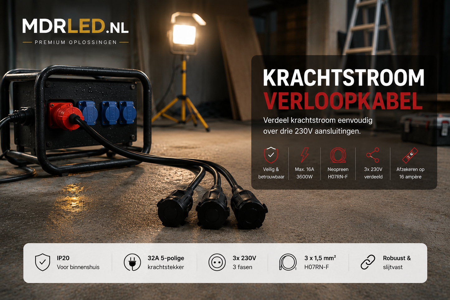 32A Cee Krachtstekker naar 3x 230V met H07 RN-F Neopreenkabel - MDR LED®