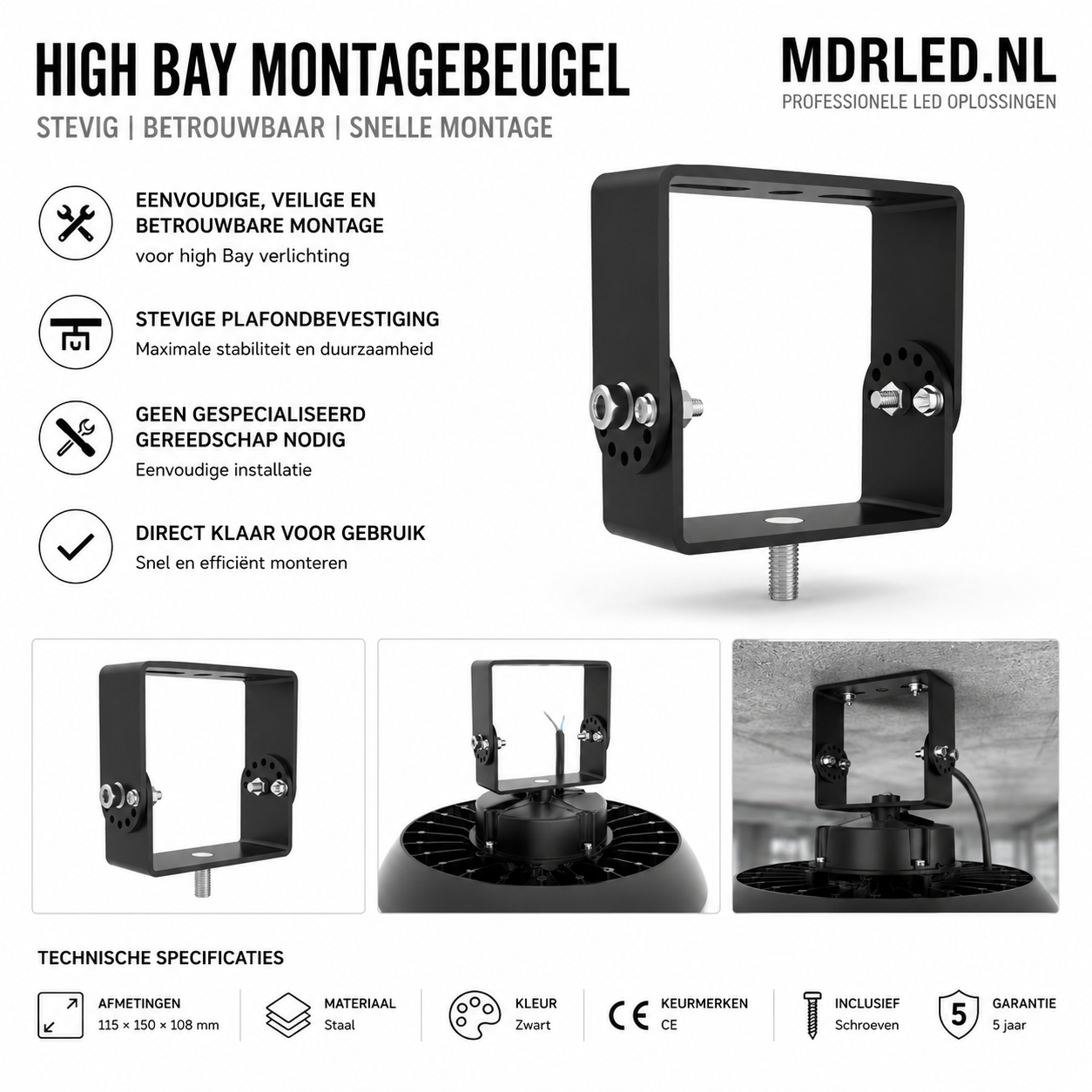 Plafondopbouw Beugel voor Highbays – Staal – Zwart – MDRLED®