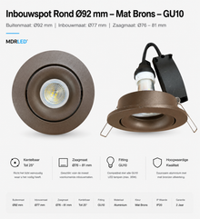 Verdiepte GU10 LED Inbouwspot Rond Mat Donkerbrons Ø92mm – Kantelbaar & Anti-Verblindend