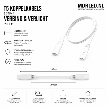 5 stuks T5 Koppel Kabels - Verbind en Verlicht 200cm MDRLED