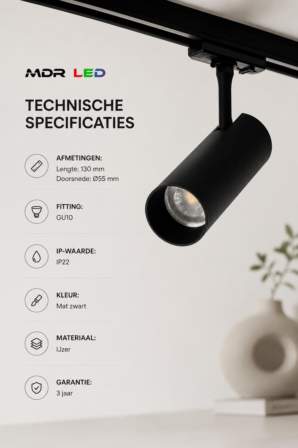 1-Fase Railarmatuur GU10 Zwart | Railverlichting | MDRLED® tijdelijke actie