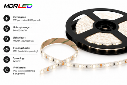 LED Strip 24V | 4000K | 3528 | 60 LED/m | IP22 | 5 Meter |Opruiming| MDRLED Premium