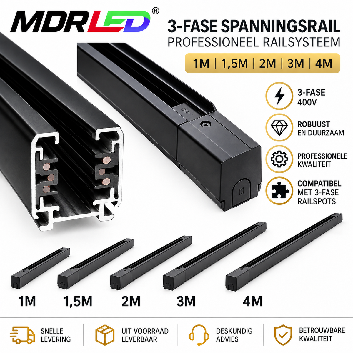 MDRLED® 3-Fase Spanningsrail Zwart | 1 tot 4 Meter