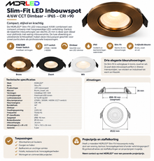 LED Inbouwspot Slim-Fit 4/6W CCT Dimbaar – IP65 – CRI >90 – 3 Kleuren