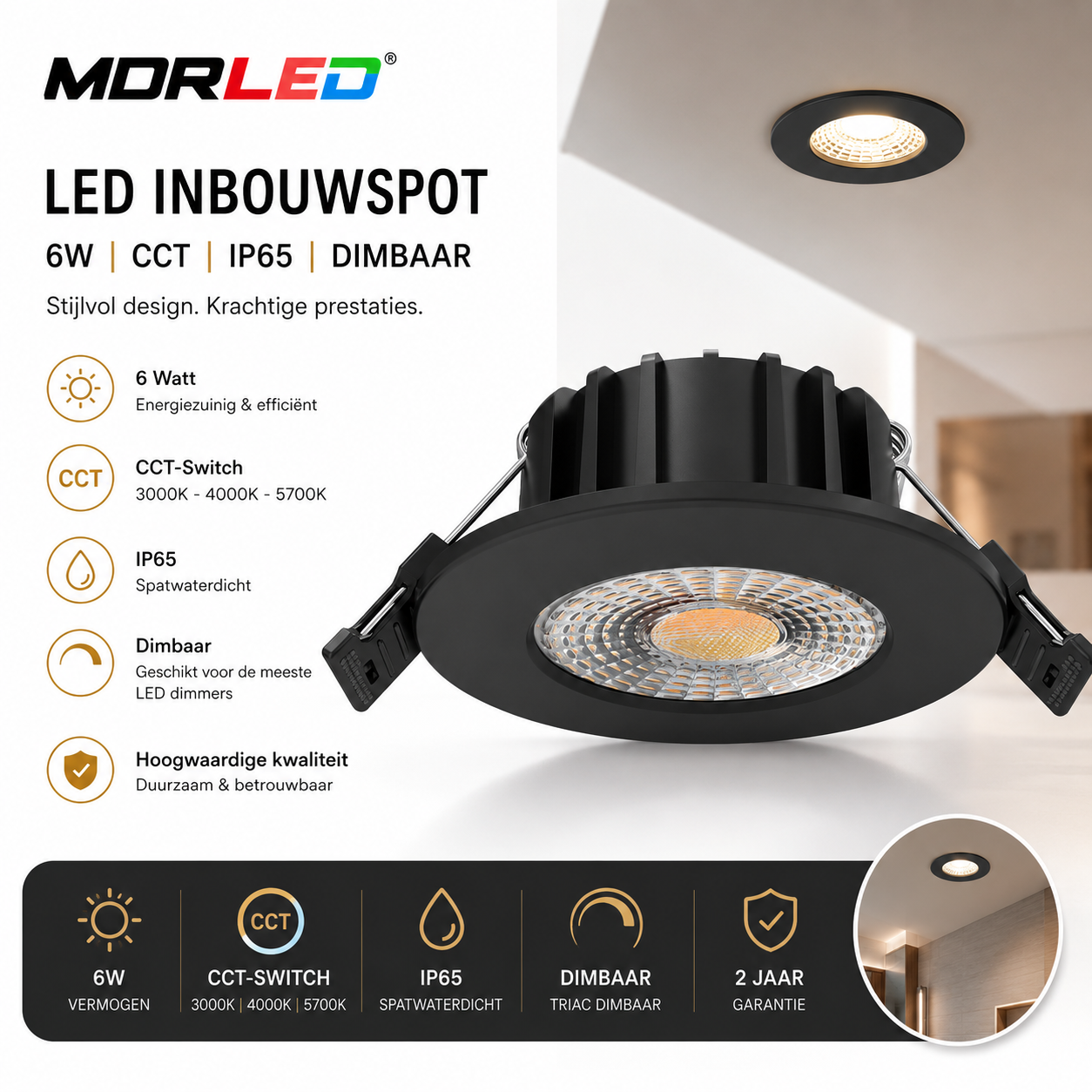 MDRLED LED Inbouwspot Zwart | 6W | CCT | IP65 | Dimbaar
