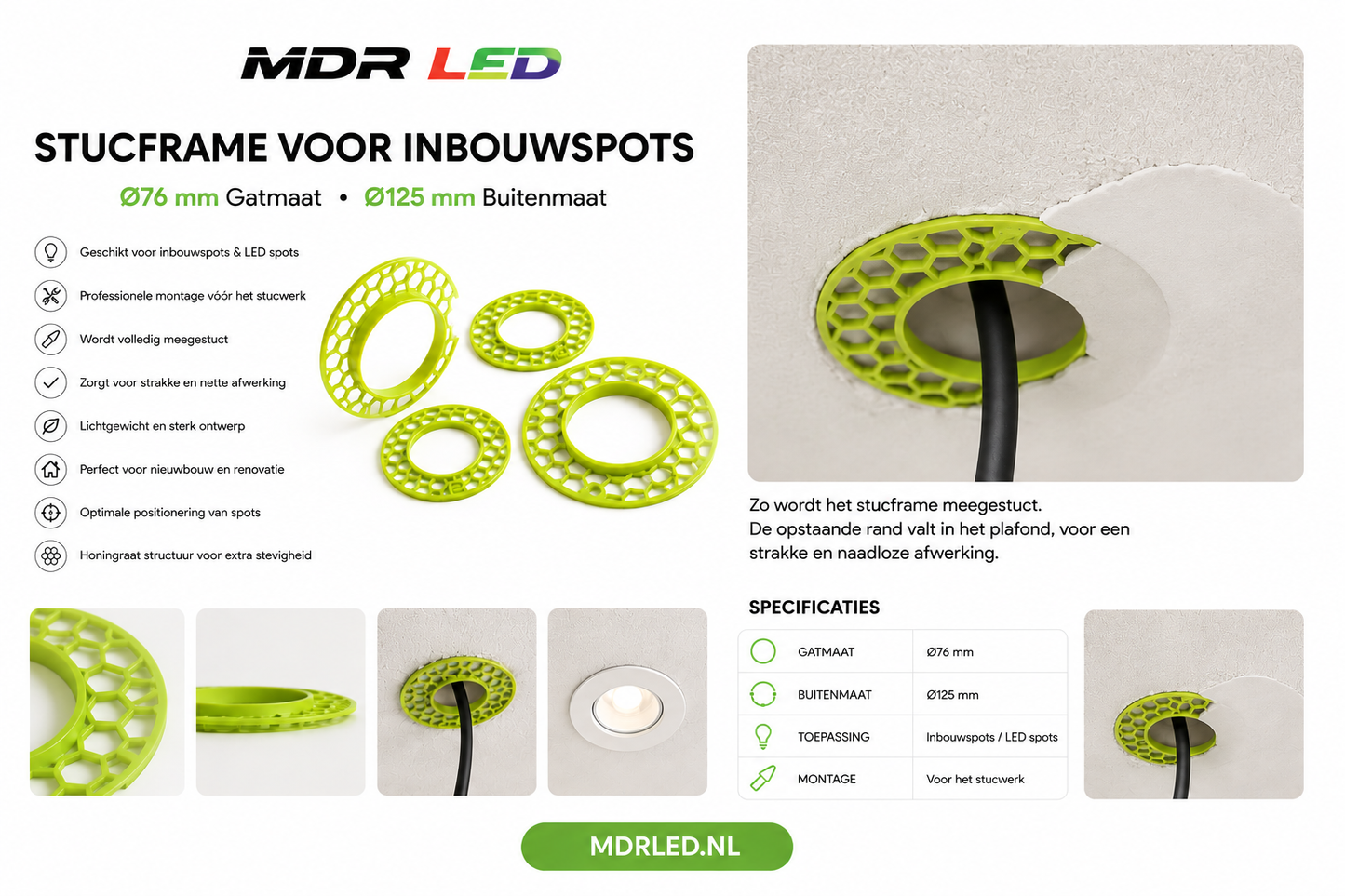 stucframe voor inbouwspots – gatmaat 76 mm, buitenmaat 125 mm