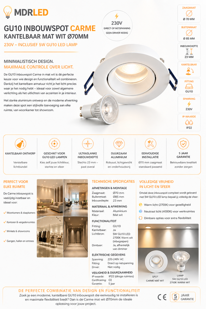 GU10 Inbouwspot Ø70mm Kantelbaar Mat Wit  Incl. LED & Driver MDRLED