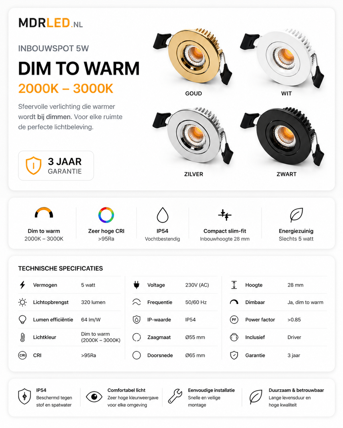 LED Inbouwspot MDRLED 5W Zilver Dim to Warm IP54 – Dimbaar Slim-Fit Ø55