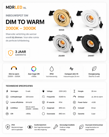 LED Inbouwspot MDRLED 5W Zilver Dim to Warm IP54 – Dimbaar Slim-Fit Ø55