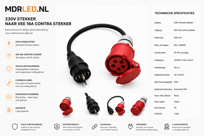 MDRLED® 230V Stekker naar CEE 16A Verloopkabel | Schuko naar CEE Adapter | 16 Ampère