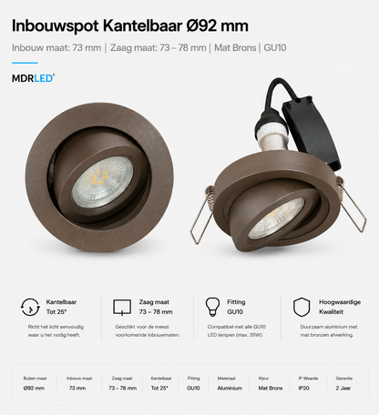 GU10 Inbouwspot Rond Mat Donkerbrons Ø92mm – Kantelbaar & Anti-Verblindend