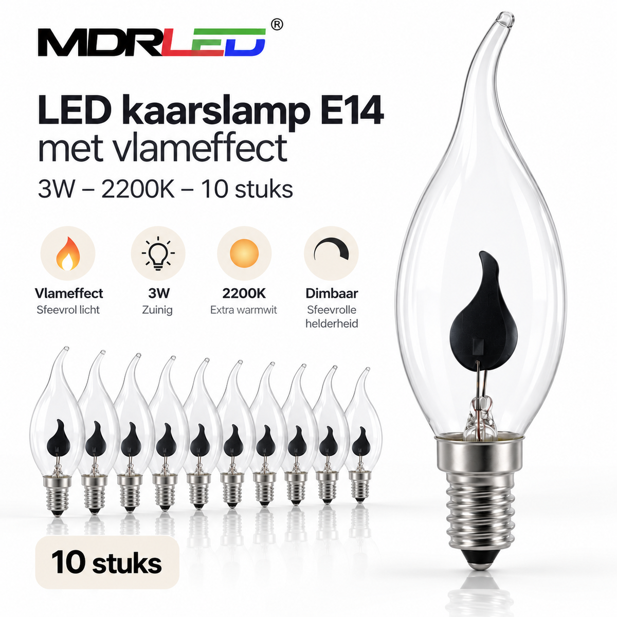 LED Kaarslamp E14 3W – Vlameffect – 2200K – 10 Stuks