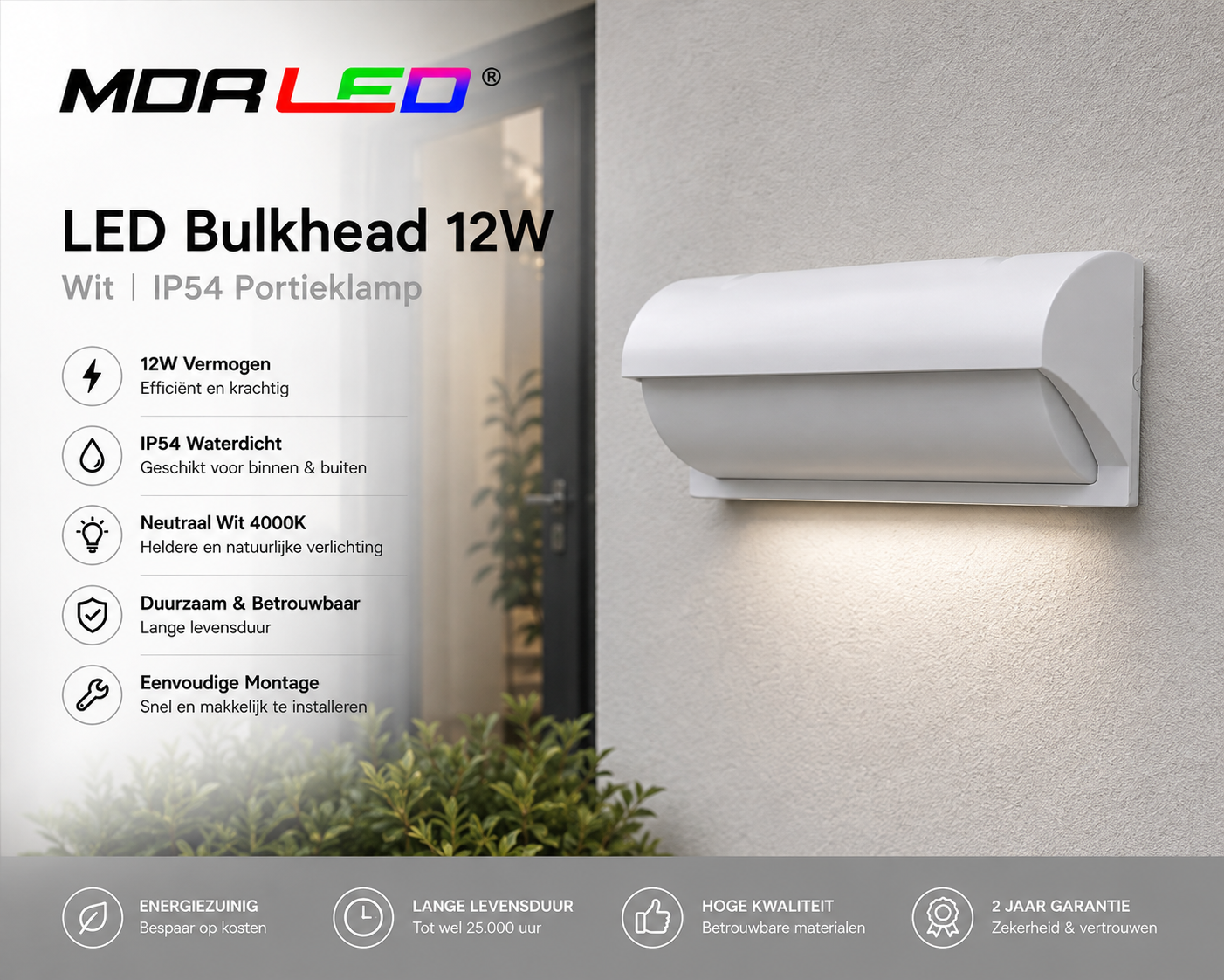 MDRLED® LED Bulkhead 12W Wit | IP54 Portieklamp