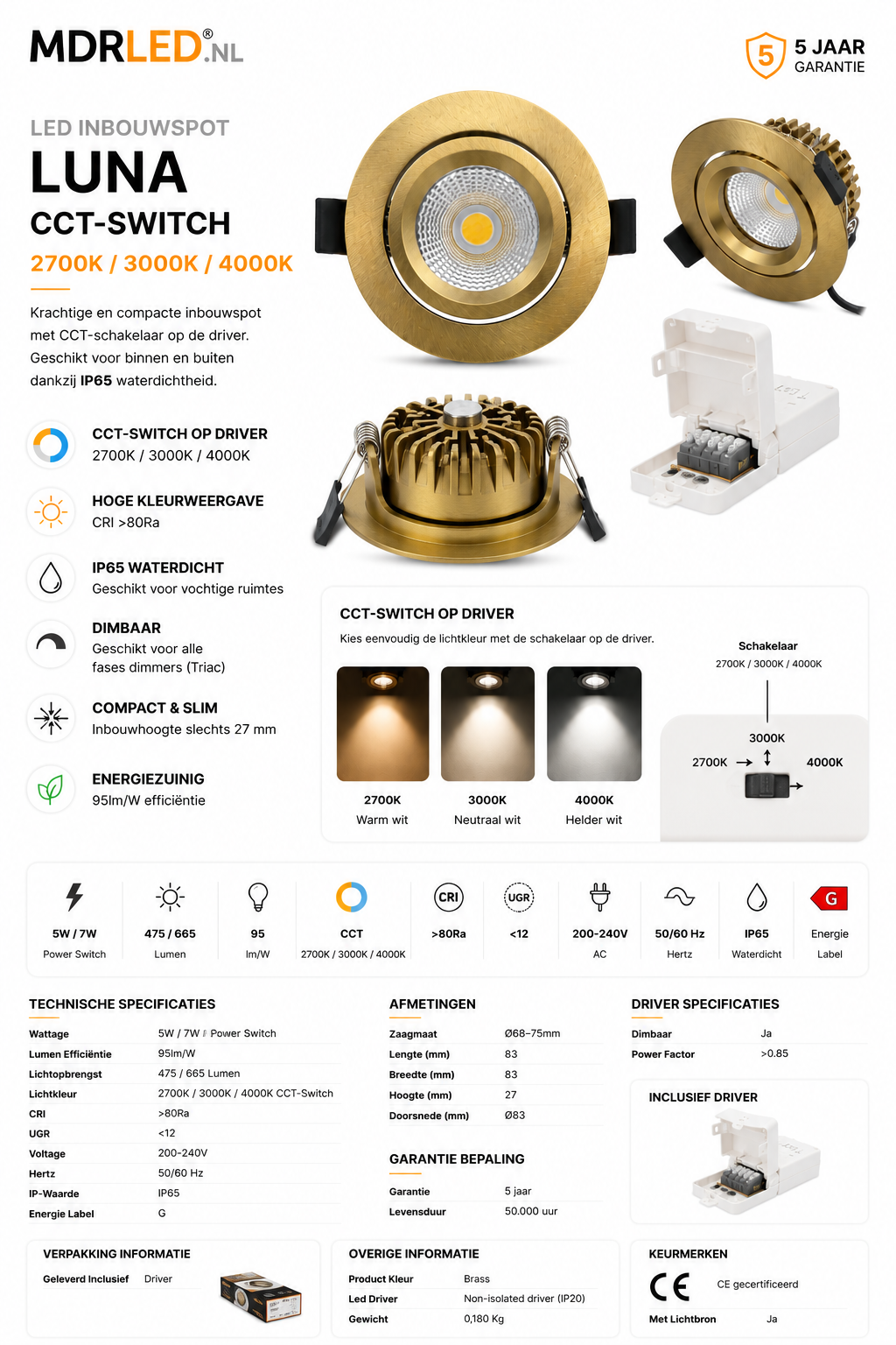 LED INBOUWSPOT  MDRLED®  5W/7W  CCT-SWITCH  Messing
