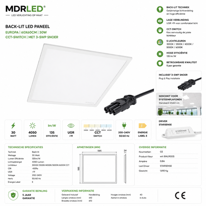 BACK-LIT LED PANEEL | EUROPA | 60X60CM | 30W | CCT-SWITCH | MET 3-SWP SNOER