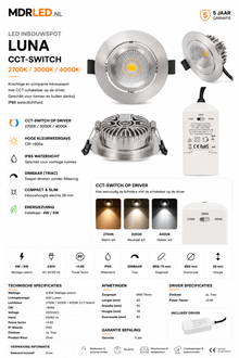 LED Inbouwspot  Luna  6W  Dimbaar  Zilver  CCT-Switch  IP65