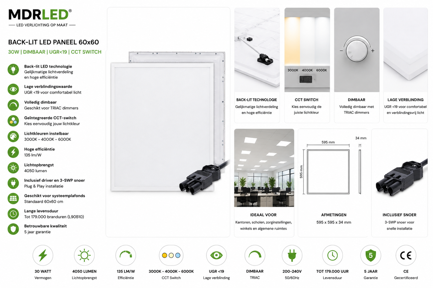 Back-lit LED Paneel 60x60 30W  UGR<19  Dimbaar  CCT Switch  MDRLED®