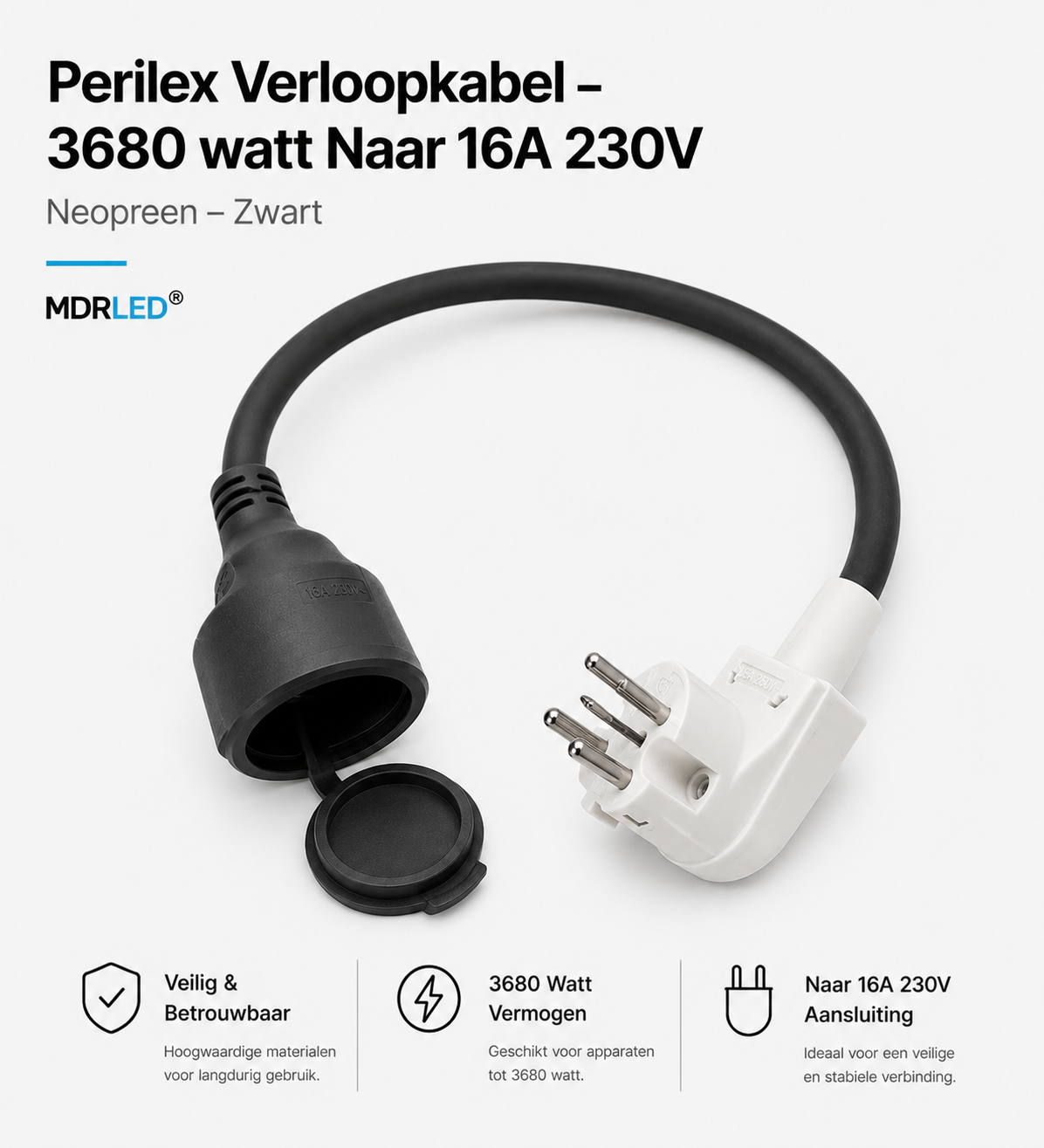 Perilex verloopstekker   lengte 0.5M  naar 16A 230V Contra  3680Watt   Actie