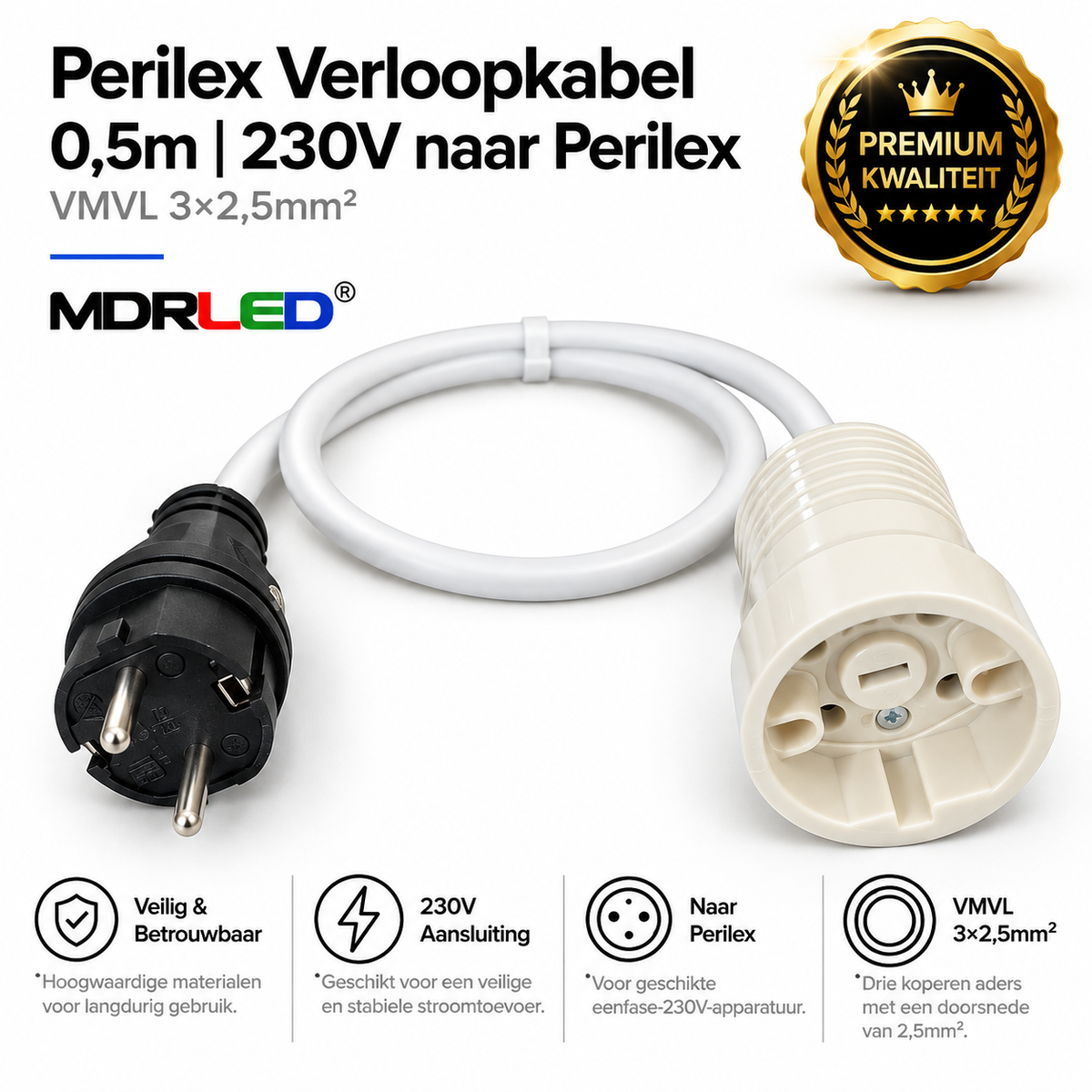 Perilex Verloopkabel 0,5m | 230V naar Perilex | VMVL 3×2,5mm²