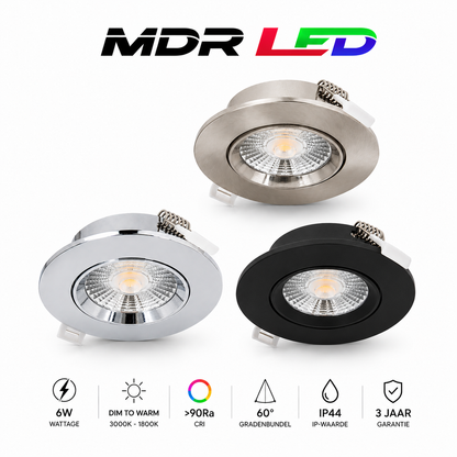 LED Inbouwspot 6W Dim to Warm ZWART,WIT,CHROOM ZILVER,  MDRLED®