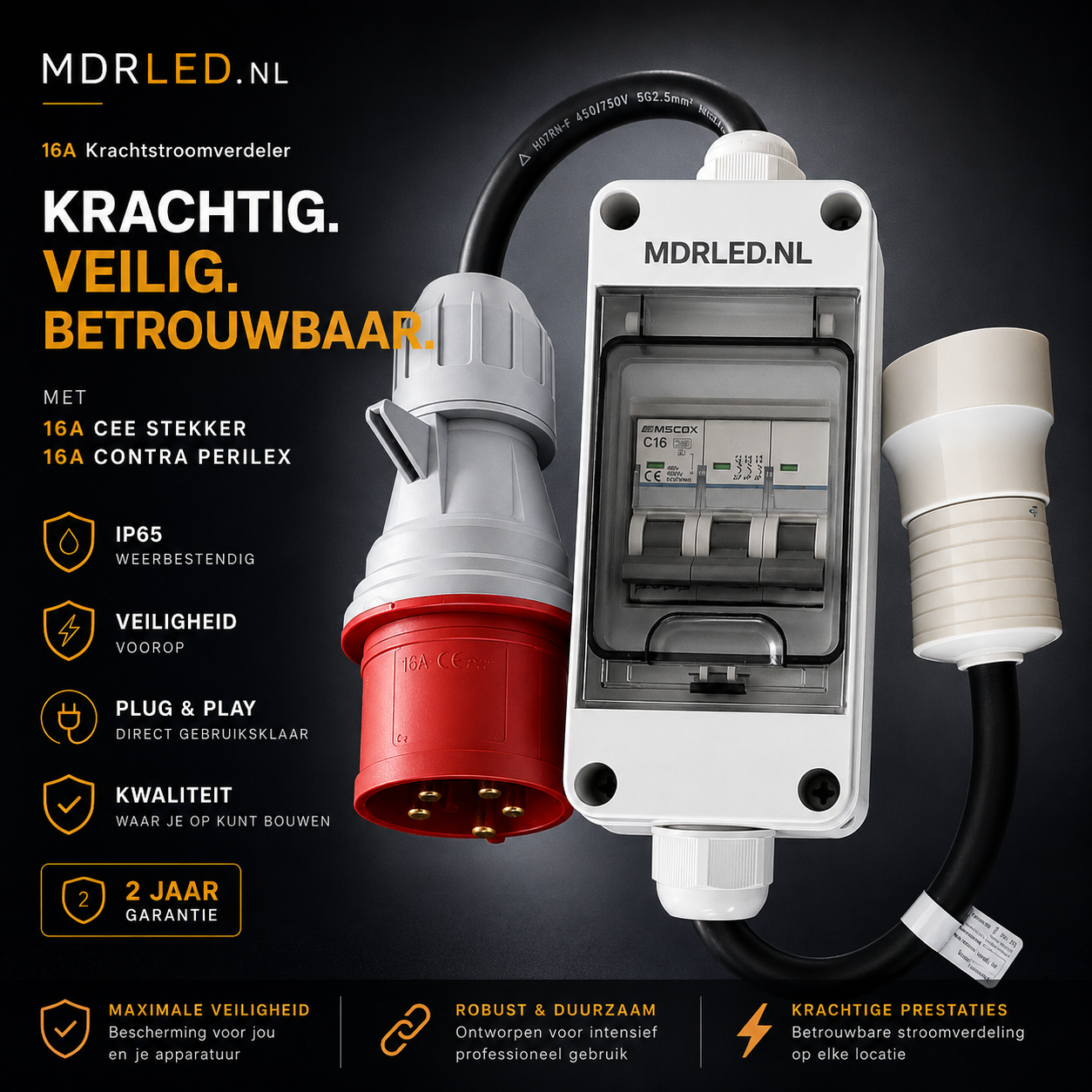 16A CEE naar Perilex Verloopkabel – Met 16A Automaat – IP44 Kast